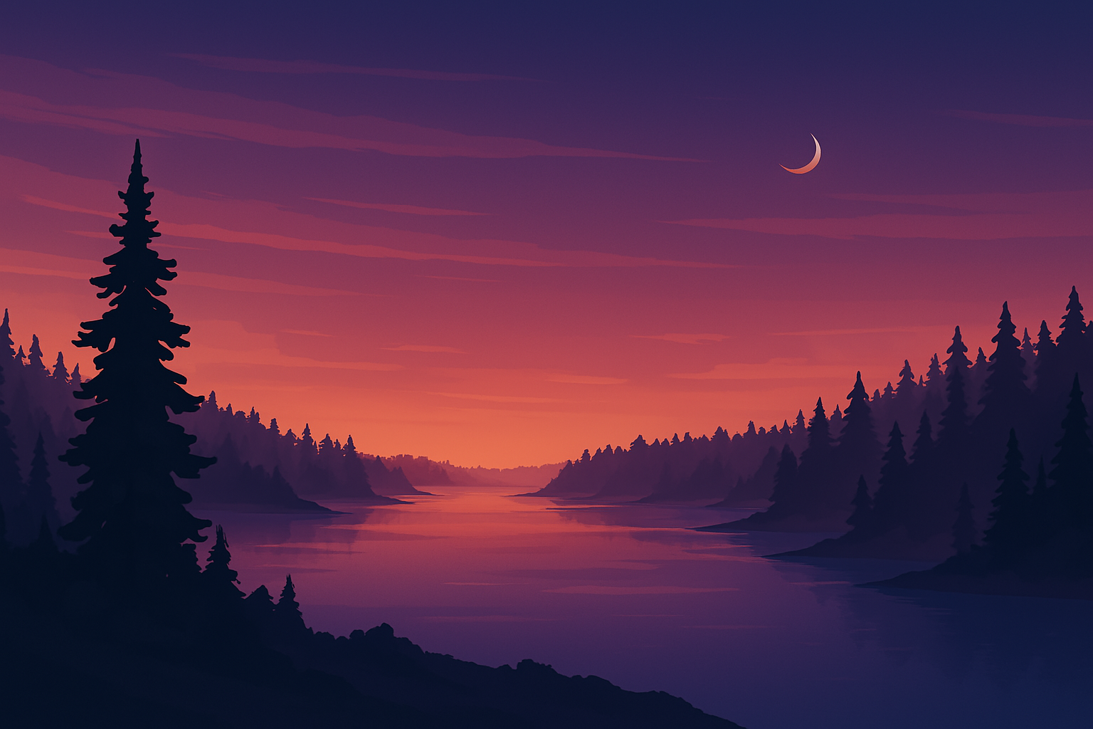 A lake surrouned by trees in the dark